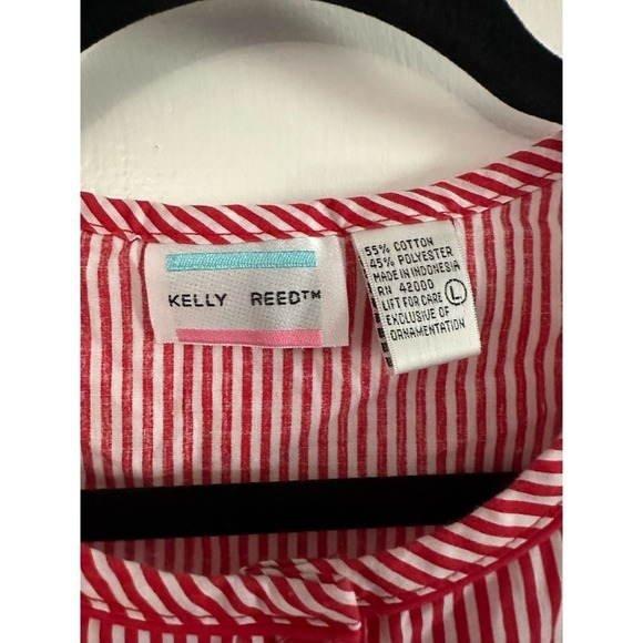 Vintage KELLY REED Red Striped Embroidered Snap-Button House Coat Dress Mumu L - Picture 3 of 5
